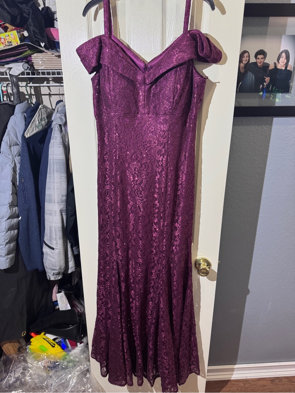 Elegant Off-Shoulder Lace Evening Dress in Plum
